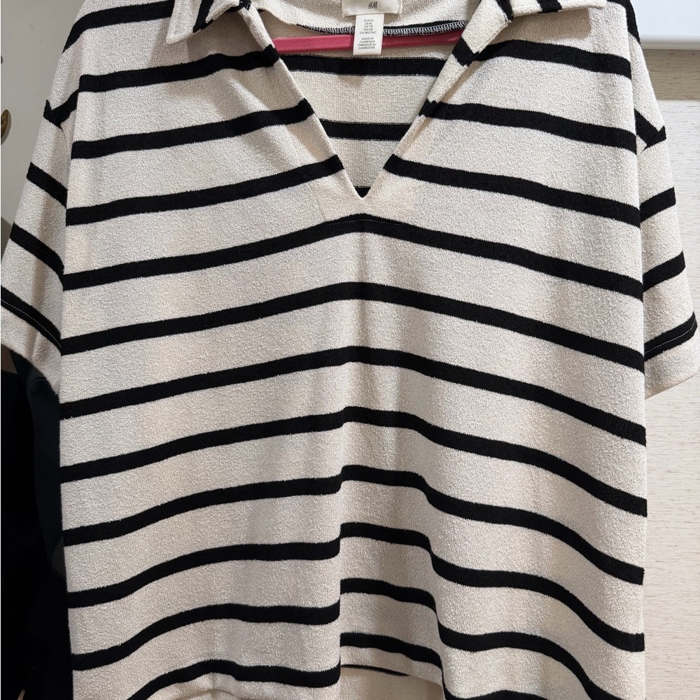 H&M Cream and Black Striped Collar Tee with Pink Accent